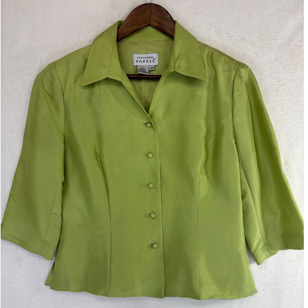 ADRIANNA PAPELL 100% SILK Green Blazer Vintage Top Womens 8 Office Work Y2K 90s - Picture 2 of 8